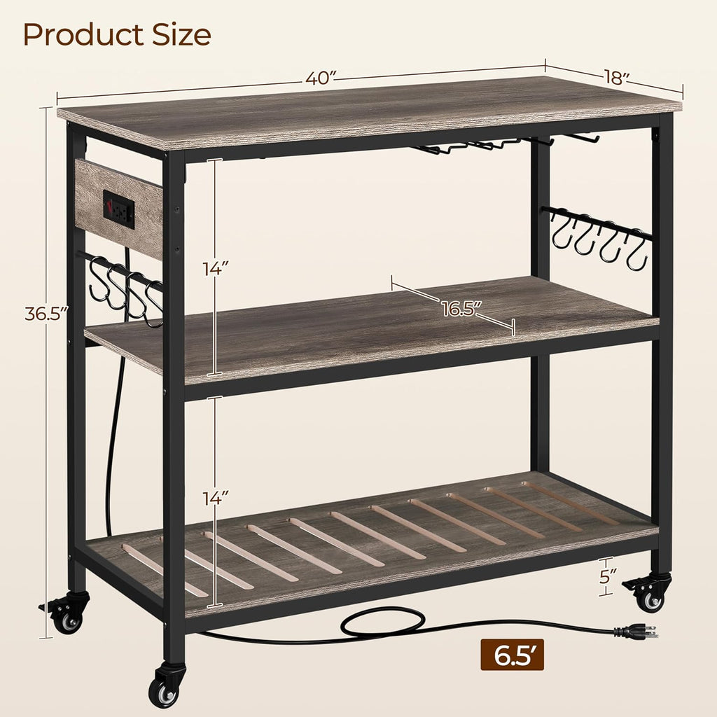 Yaheetech Kitchen Island Cart with Power Outlet, Kitchen Carts on Wheels with Storage, 3-Tier Microwave Stand with Foodpads, Glass and Mug Holders, 8 Hooks, Taupe Wood