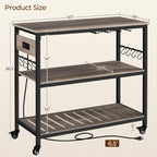 Yaheetech Kitchen Island Cart with Power Outlet, Kitchen Carts on Wheels with Storage, 3-Tier Microwave Stand with Foodpads, Glass and Mug Holders, 8 Hooks, Taupe Wood