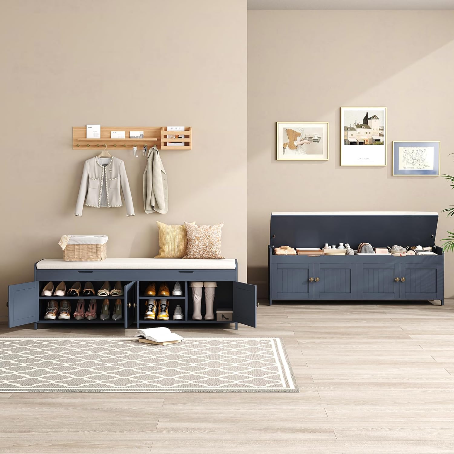 HOMEFORT 54.4" Shoe Bench with Lift Top Storage, Entryway Bench with Cushioned Seat, Wooden End of Bed Bench, Shoe Cabinet Bench with Hidden Storage Space, for Bedroom, Hallway,Blue