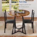 VECELO Small Round Kitchen Table with 2 Upholstered Chairs, 3-Piece Wood Dinette Sets with Steel Frame for Breakfast Nook, Dining Room, and Small Space, Brown
