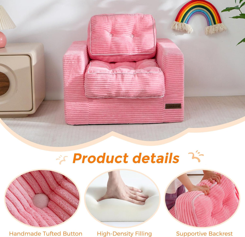 MAXYOYO Kids Bean Bag Chair, Upholstered Bean Bag Sofa Cloud Seat for Boys and Girls, Boneless Couch with Tufted Cushion & Pillows, Kids Sofa in A Box, No Assembly Required, Pink