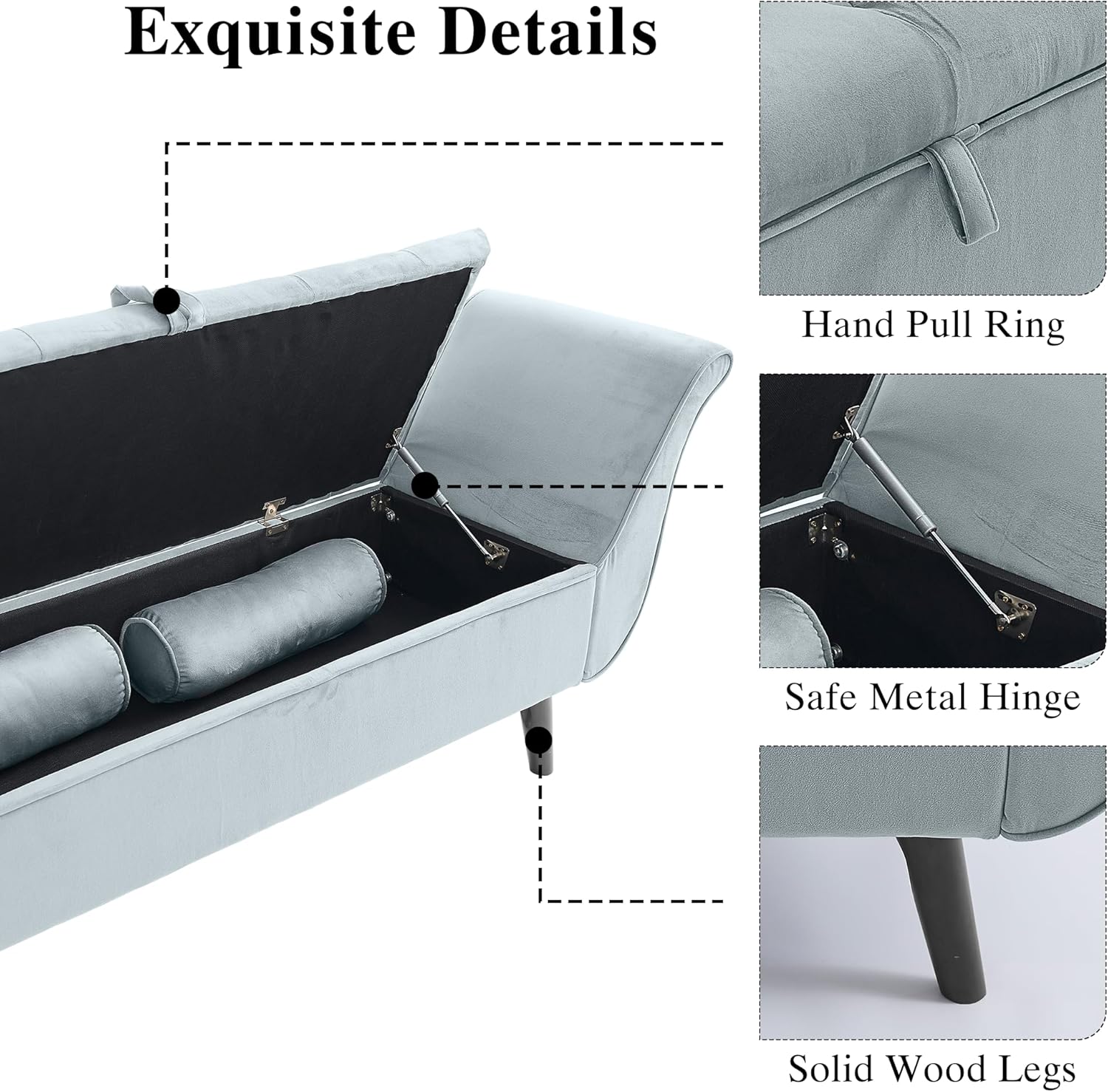 65" Velvet Storage Bench, 65" Vintage Upholstered Rolled Armed Button Tufted Stool Bench for Bedroom, Living Room, Entryway, Hallway, Dressing Room (Light Grey)