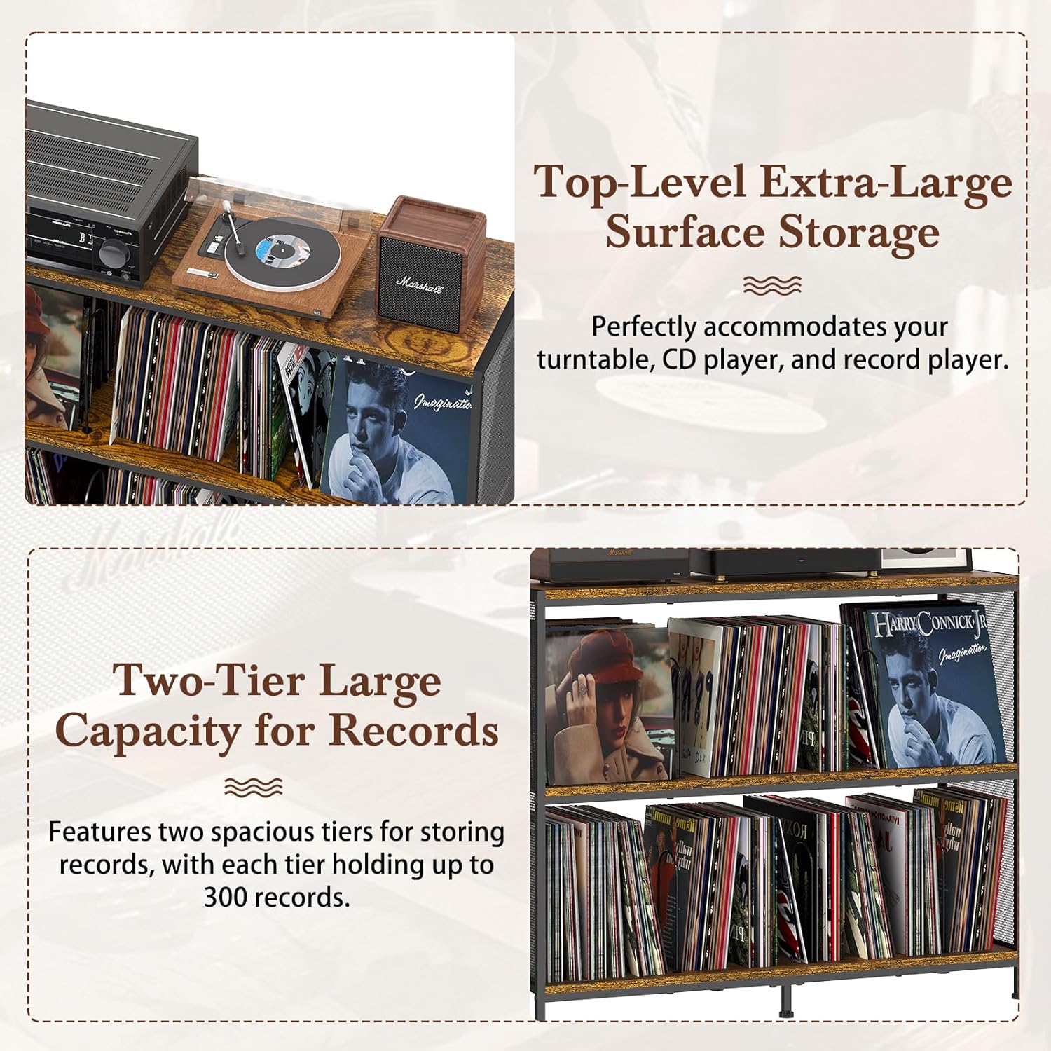3-Tier Vinyl Record Storage: Vintage Player Table with Spacious Storage - Up to 450 Records, Turntable Stand with Adjustable Dividers, Extra Top Surface for Audio Equipment, Perfect for Living Room