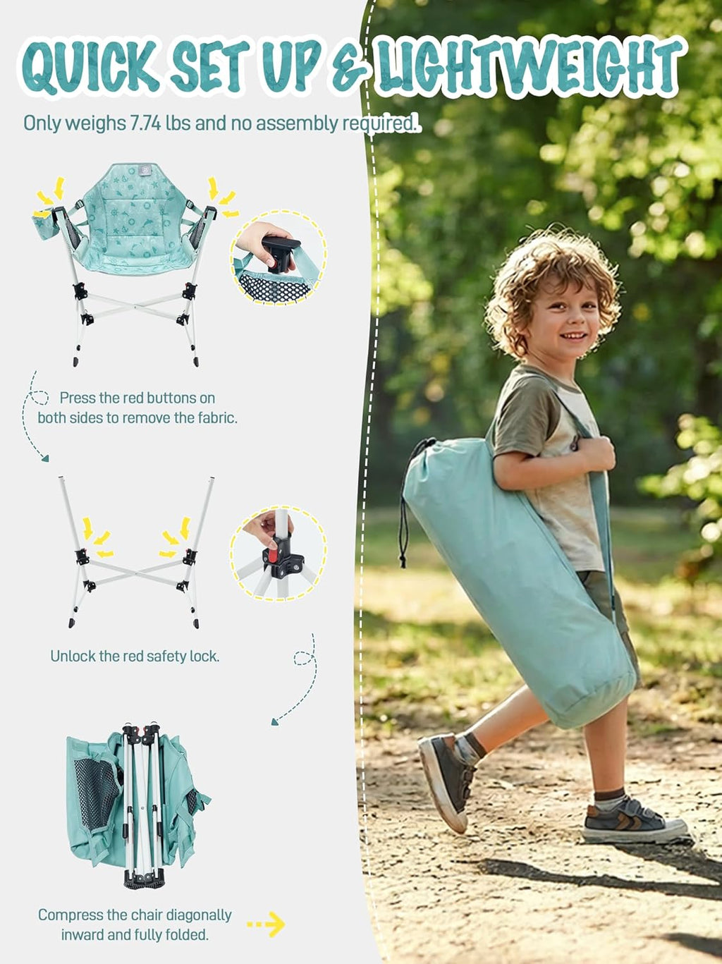EVER ADVANCED Kids Hammock Chair Foldable, Kids Camping Chair with Stand Portable, Hammock Swing Chair with Cup Holder, Child Camping Gear Carry Bag for Traveling Outdoor Patio Supports 125LBS Green