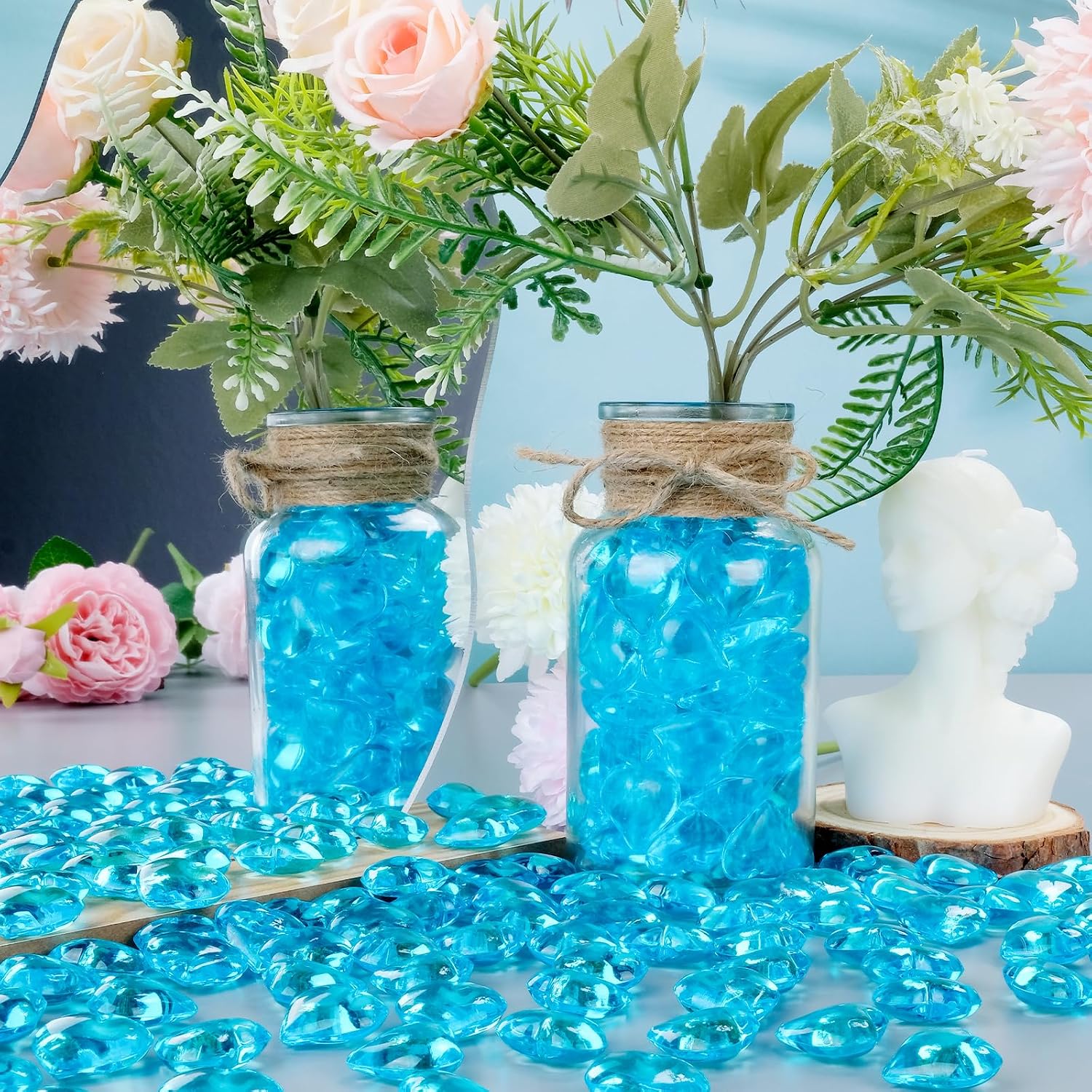 Babenest 215pcs Blue Heart Acrylic, 1Inch Crystal Rhinestones, Diamond Fake Gems Vase Filler for Table Scatters Wedding Party Anniversary Decoration Favor