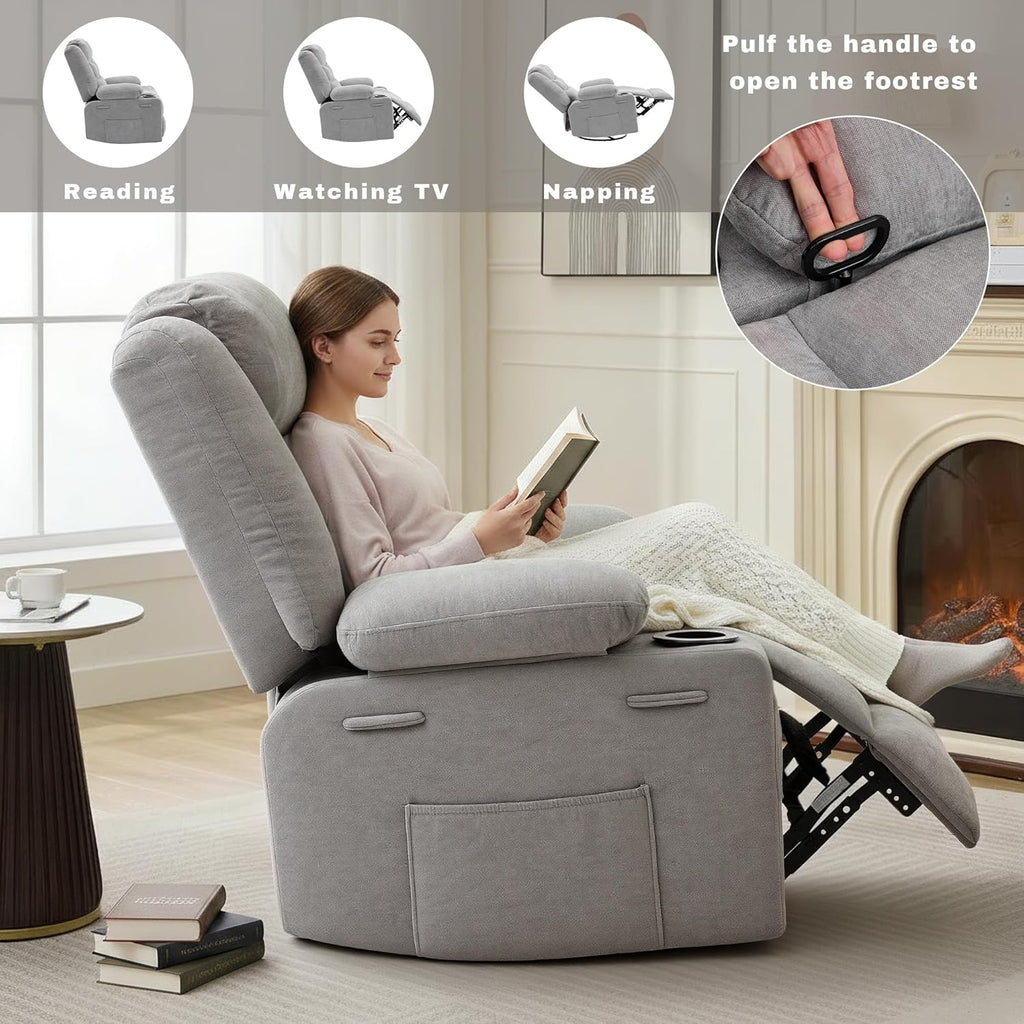 Swivel Rocker Recliner Chair, Manual Recliner Single Sofa with Cup Holders and Side Pocket, Chenille Fabric, Upholstered Nursery Rocking Chair for Living Room, Bedroom, Grey
