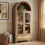 TYBOATLE 71" Tall Arched Pantry Cabinet with Innovative Drawer, Kitchen Cabinet with Anti-Tipping Device and Glass Door, Versatile Cupboard for Kitchen, Dining, Natrual