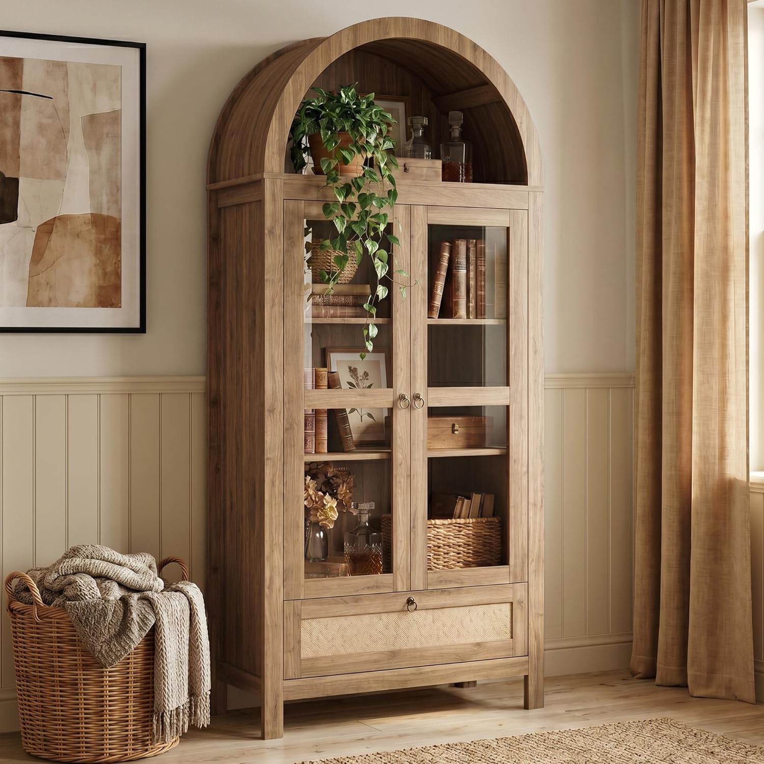TYBOATLE 71" Tall Arched Pantry Cabinet with Innovative Drawer, Kitchen Cabinet with Anti-Tipping Device and Glass Door, Versatile Cupboard for Kitchen, Dining, Natrual