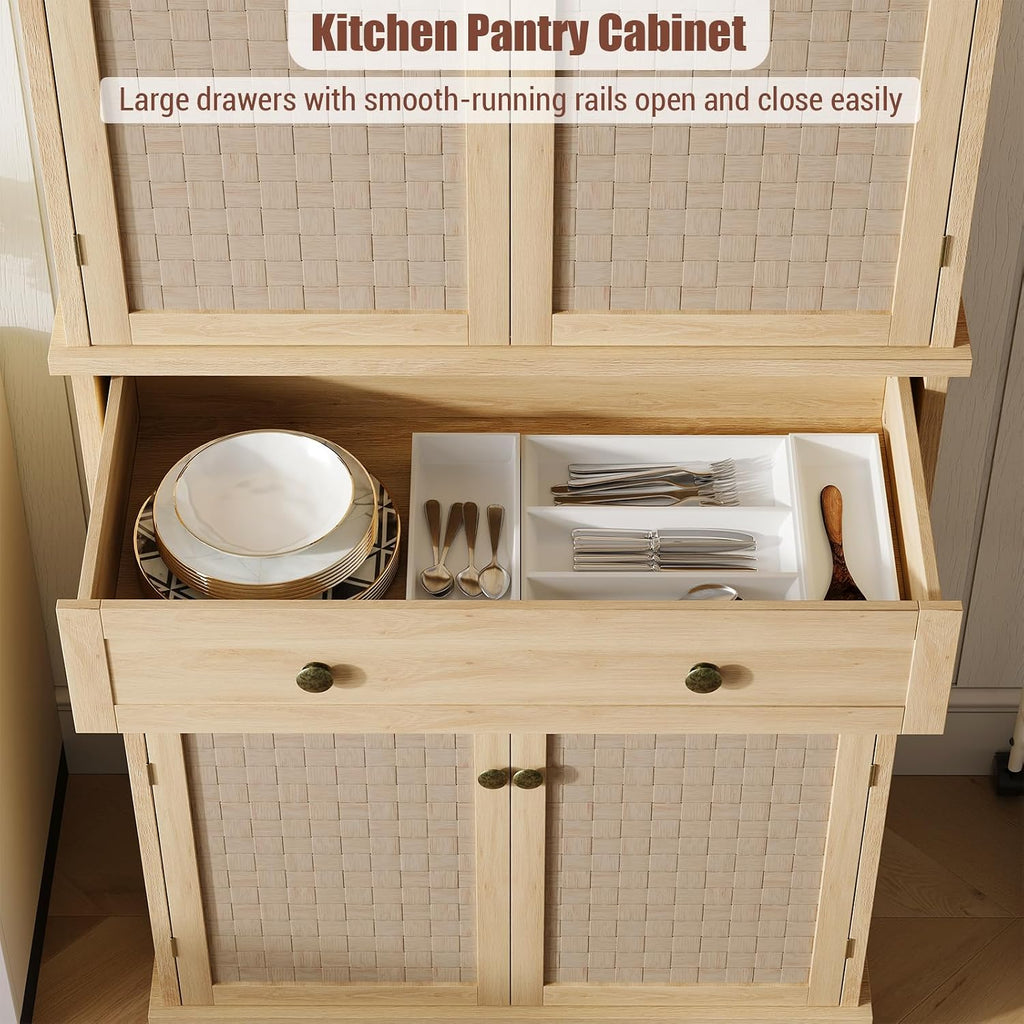 Kitchen Pantry Cabinet with 4 Doors and Adjustable Shelves, 72" Tall Farmhouse Storage Pantries with 1 Drawer for Living Room, Dining Room