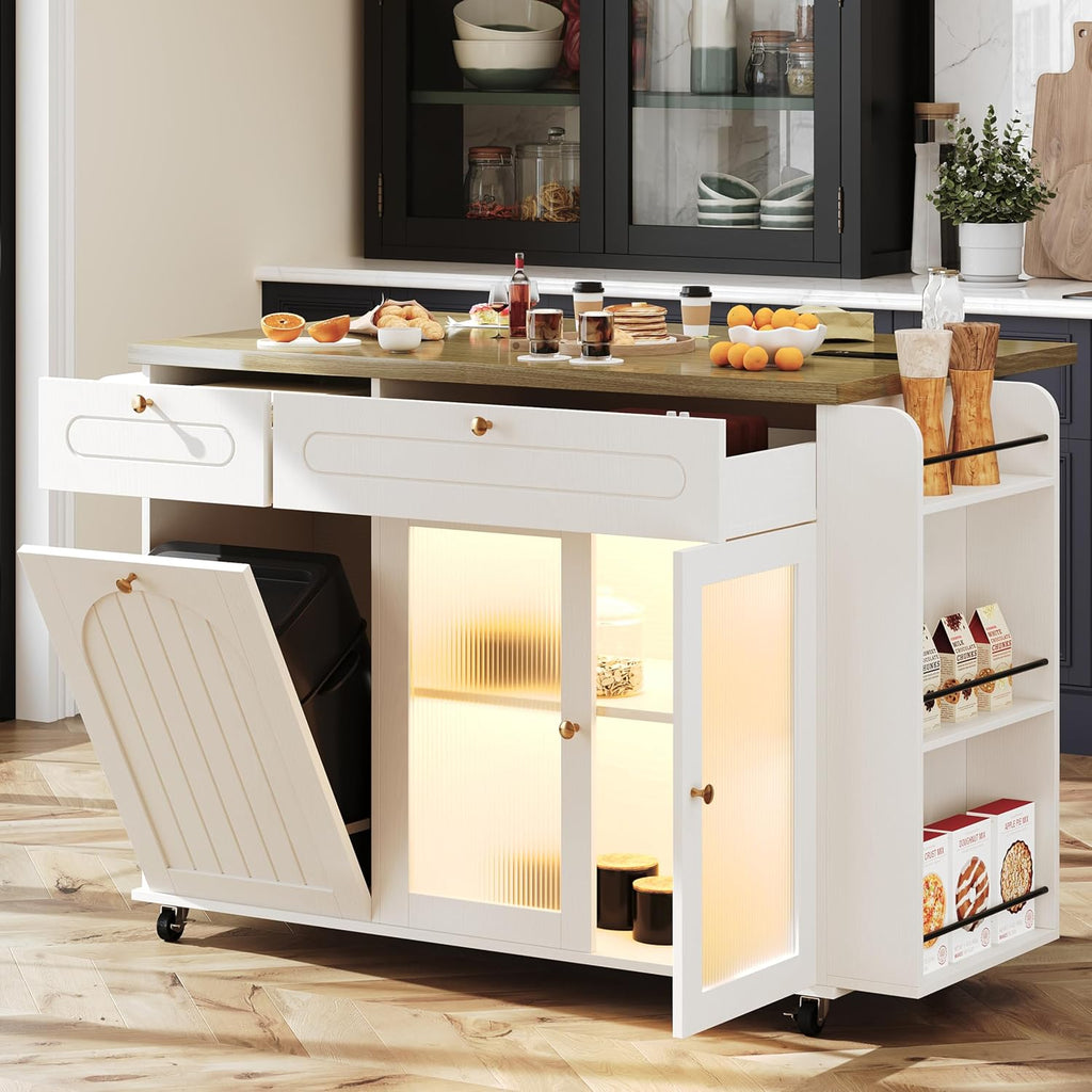 COCO DESIGN 58" Rolling Kitchen Island with Power Outlet, LED Light, Drop Leaf & Storage, Mobile Kitchen Cart with Trash Cabinet, Spice Rack & Towel Rack, White