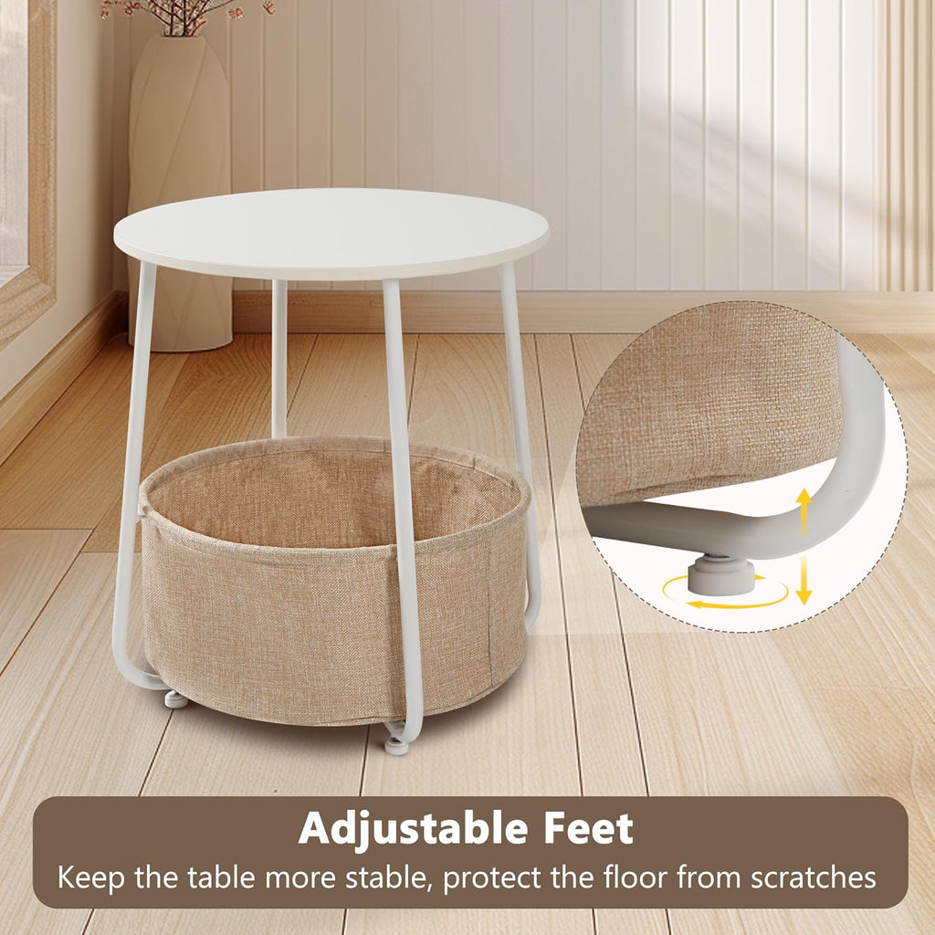 Round Side Table, End Tables for Living Room, Small Bed Side Table, Modern White Night Stand for Bedside, Nursery, Bedroom with Cloth Storage Basket