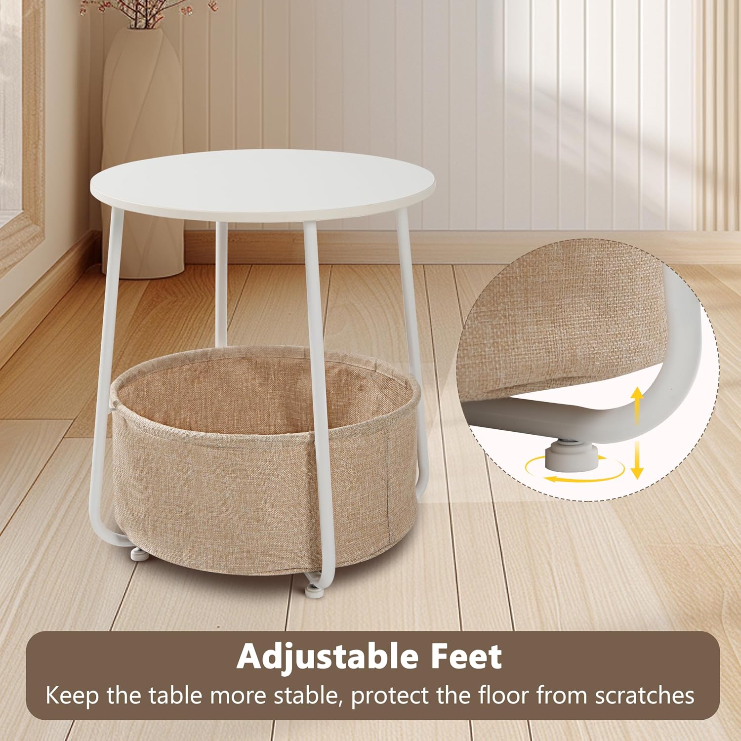 Round Side Table, End Tables for Living Room, Small Bed Side Table, Modern White Night Stand for Bedside, Nursery, Bedroom with Cloth Storage Basket