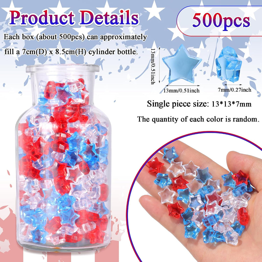 YATOJUZI 500 PCS Acrylic Star Vase Filler, 4th of July Table Decorations | Patriotic Memorial Day Party Decor, Fourth of July Red White and Blue Plastic Stars Gems for DIY Crafts