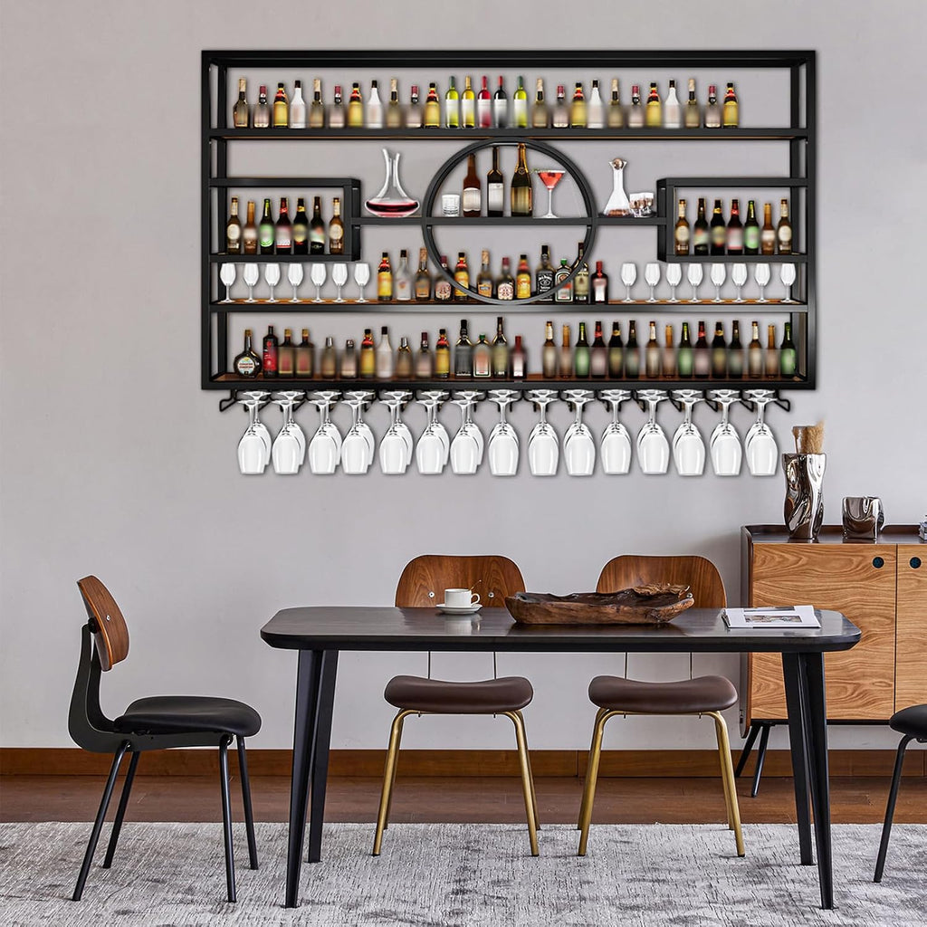 126in Wine Rack Wall Mounted, Large Capacity Hanging Wine Bottles Display Shelf with Glasses Holder, 4 Tier Industrial Bar Liquor Storage Shelves for Home Bar Kitchen,Living Room (Black, 126in)
