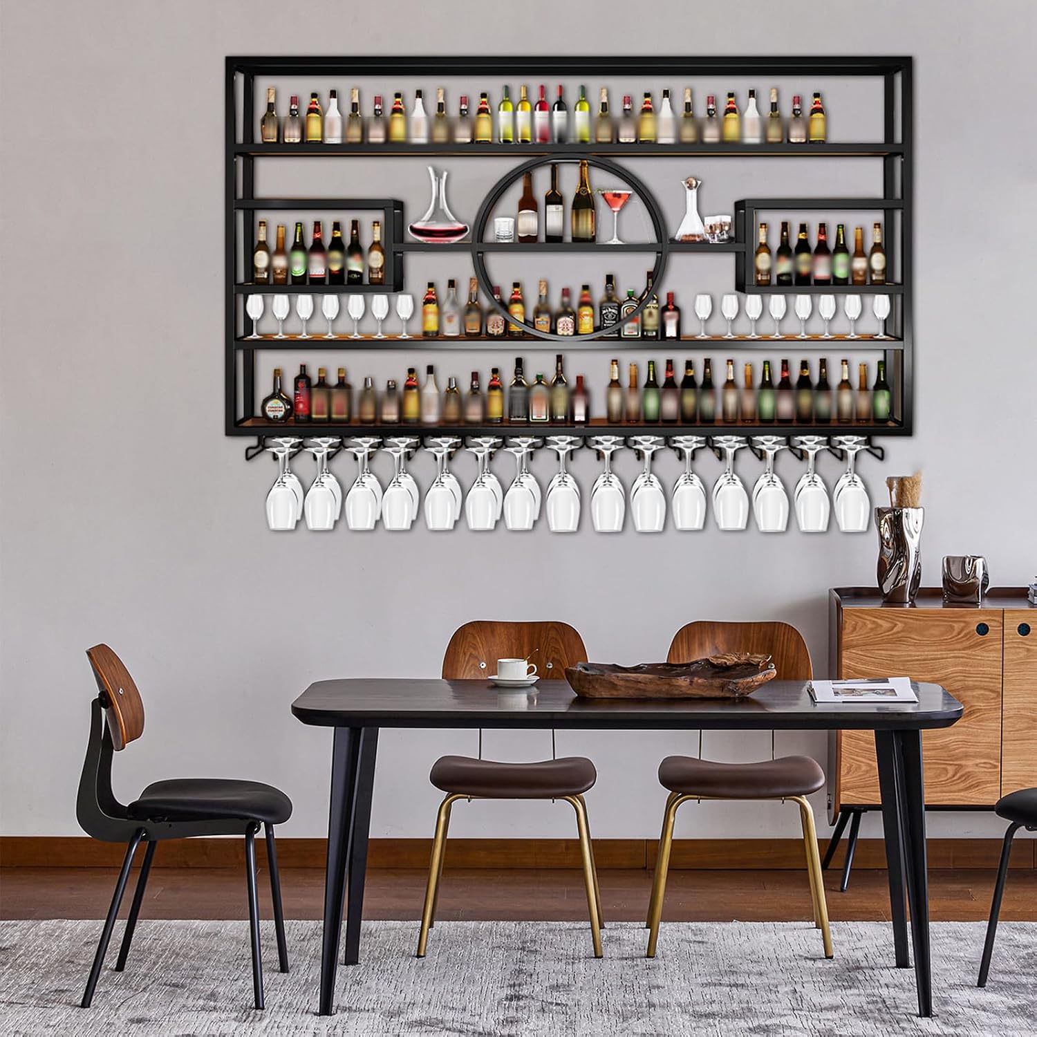 126in Wine Rack Wall Mounted, Large Capacity Hanging Wine Bottles Display Shelf with Glasses Holder, 4 Tier Industrial Bar Liquor Storage Shelves for Home Bar Kitchen,Living Room (Black, 126in)