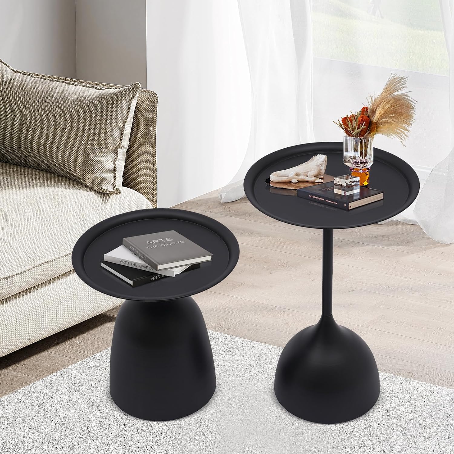 Modern Round Side Table Set of 2, 11 Inch End Table Set, Nesting Round Tables, Round Coffee Table, Minimalist Accent Tables for for The Living Room, Bedroom, Balcony (Matte Black)