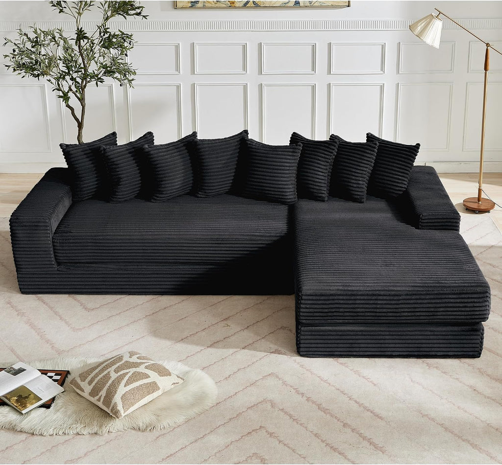 110'' Boneless Couch, Modern Corduroy Couch, Convertible Sleeper Sofa Bed Full, Right L-Shaped Floor Sofa, 8 Pillows, 2 Movable Pockets, Sectional Couches for Living Room, Apartment, Black