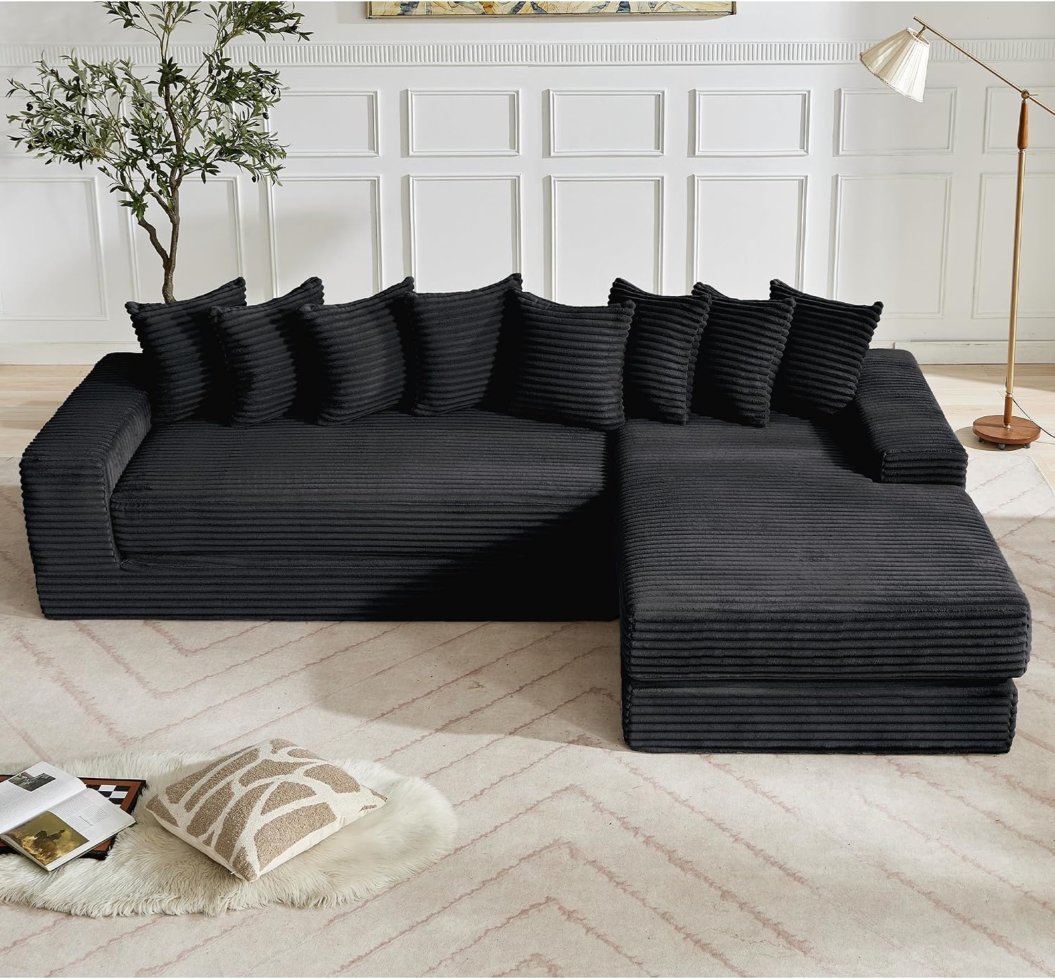 110'' Boneless Couch, Modern Corduroy Couch, Convertible Sleeper Sofa Bed Full, Right L-Shaped Floor Sofa, 8 Pillows, 2 Movable Pockets, Sectional Couches for Living Room, Apartment, Black