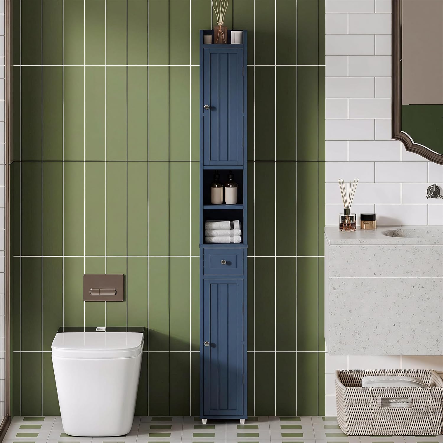 ChooChoo Narrow Bathroom Storage Cabinet with Adjustable Shelves, Tall Storage Cabinet with 2 Doors and 1 Drawer, Freestanding Cupboard for Small Spaces, Blue