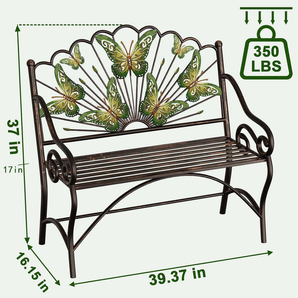 39.7" Arched Back Garden Bench, Metal Outdoor Bench with Scalloped Butterfly Pattern Backrest, Heavy Duty Patio Loveseat with Armrests & Slatted Seat for Front Porch, Backyard, Lawn & Park, Black