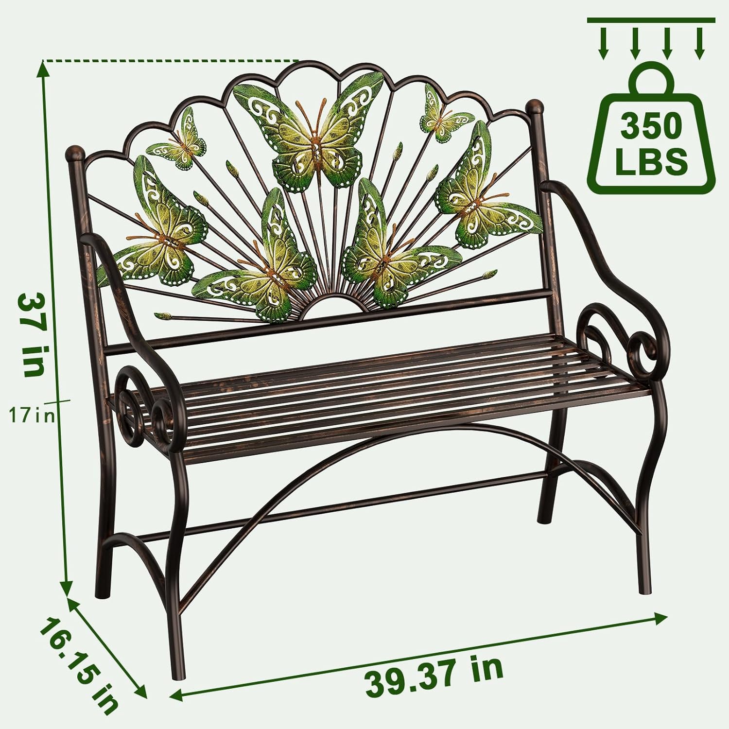 39.7" Arched Back Garden Bench, Metal Outdoor Bench with Scalloped Butterfly Pattern Backrest, Heavy Duty Patio Loveseat with Armrests & Slatted Seat for Front Porch, Backyard, Lawn & Park, Black