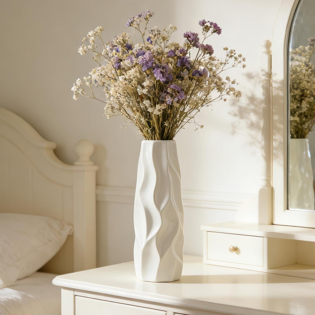 12 Inch White Vase Ceramic Flower Vase, Tall Vases for Pampas Grass, Home Decor, Modern Textured Vases for Living Room Decorations,Table Centerpieces,Shelf,Farmhouse Small Ceramic Vase