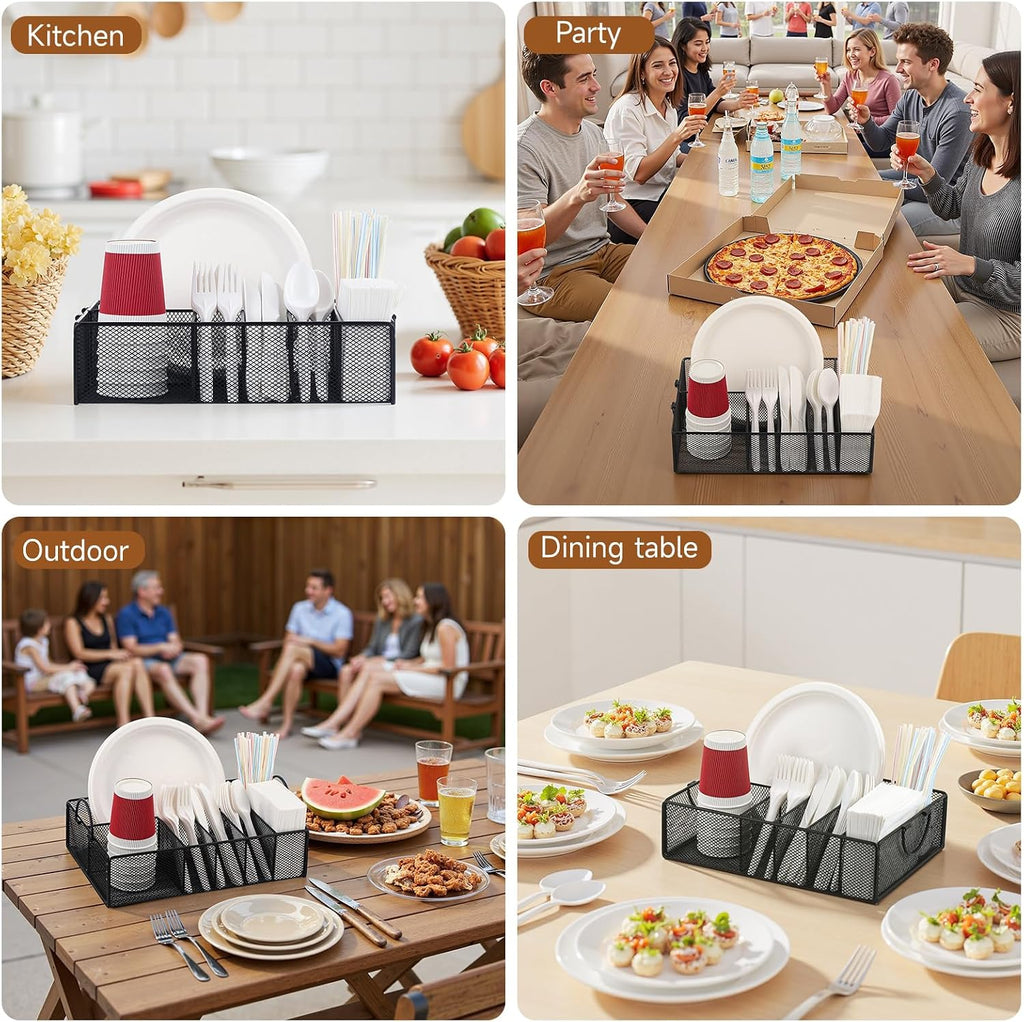 Utensil Caddy with Handle, Metal Paper Plate Holder for Kitchen Counter,Silverware Cutlery Caddy Organizer Flatware Storage for Plastic Spoon Fork Plates Napkins Cup Party Camping Black