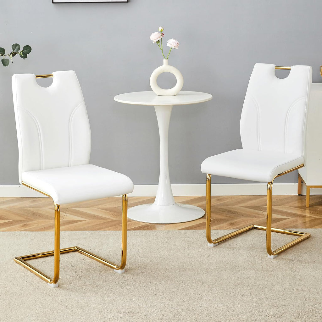 White Dining Chairs Set of 4,Modern Faux Leather Kitchen Chairs,Chrome Gold Legs,Easy to Clean,Dining Room,Office