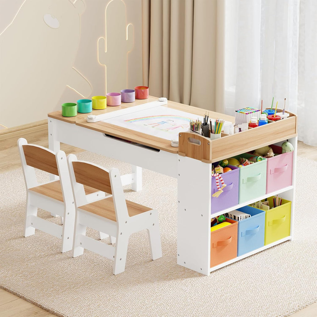 Kids Art Table and Chair Set with 2 Chair & Bins, 44" L x 24" W, Natural | Large Storage Kids Activity Desk, Toddler Craft Table and Chairs Set with Paper Roll for Playrooms & Classroom