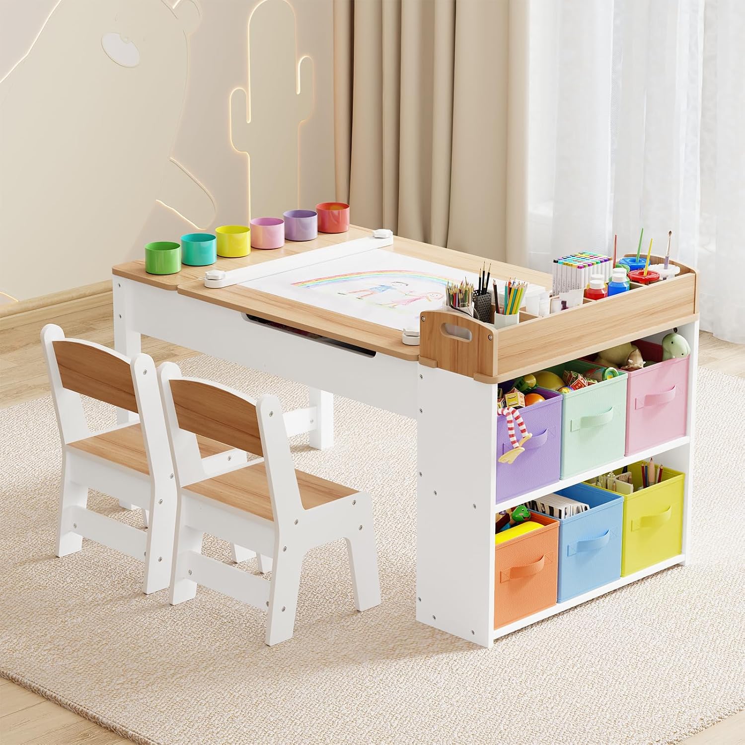 Kids Art Table and Chair Set with 2 Chair & Bins, 44" L x 24" W, Natural | Large Storage Kids Activity Desk, Toddler Craft Table and Chairs Set with Paper Roll for Playrooms & Classroom