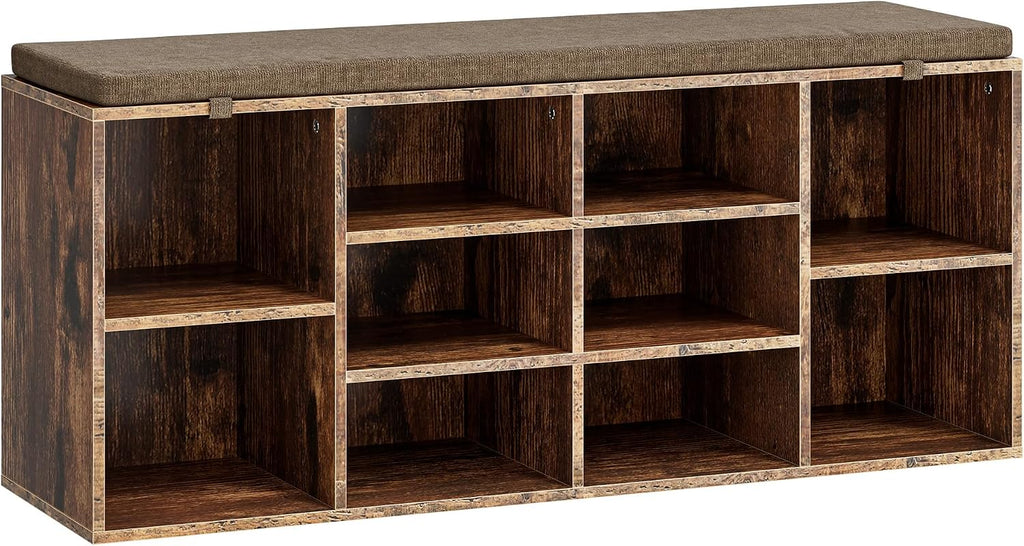 Shoe Storage Bench, 41" Entryway Organizer with Cushion, Brown | 10 compartments, heavy duty engineered wood, removable cushion, spacious family entryway organizer