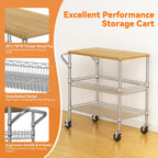 3 Tier Rolling Kitchen Carts on Wheels with Storage,650Lbs Heavy Duty Utility Carts with Wheels,Kitchen Island with Wood Tabletop,Metal Serving Rolling Cart for Small Appliance Food Cart,Wood+Metal