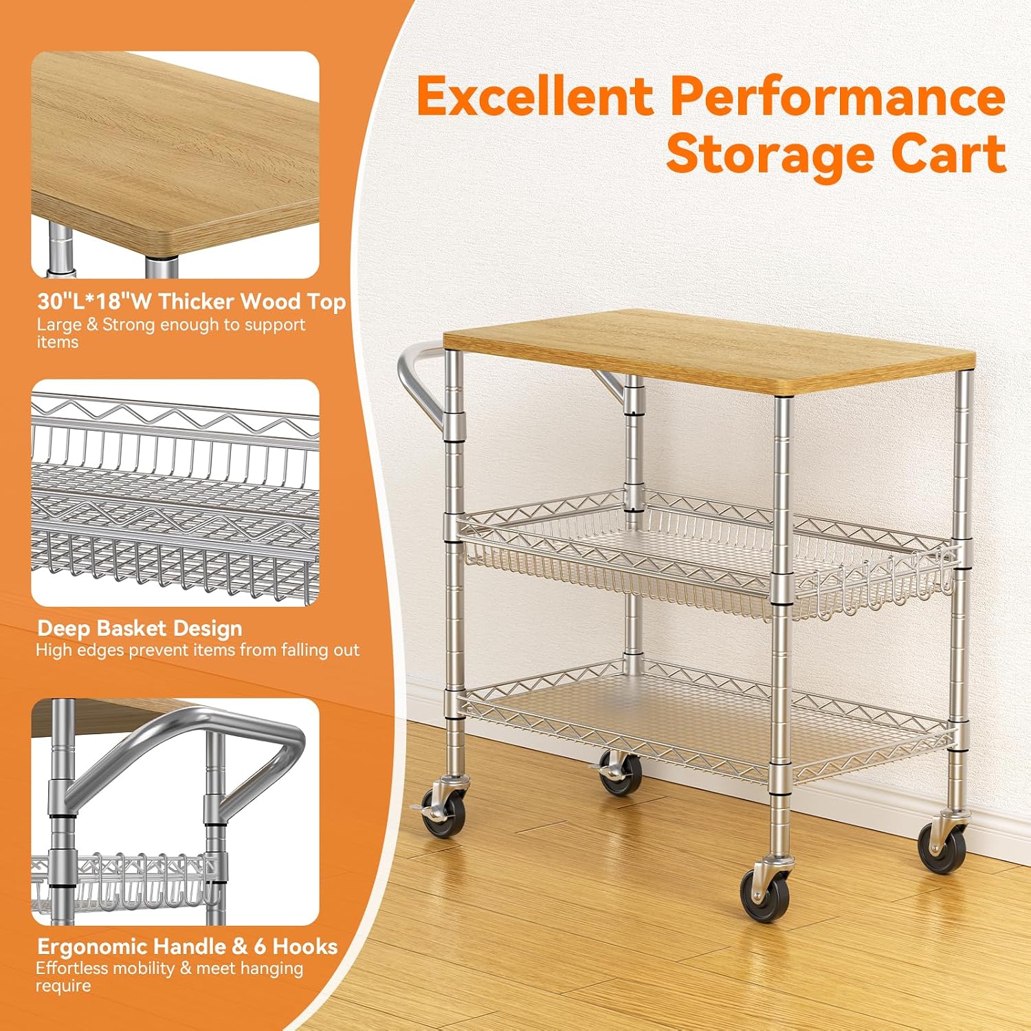 3 Tier Rolling Kitchen Carts on Wheels with Storage,650Lbs Heavy Duty Utility Carts with Wheels,Kitchen Island with Wood Tabletop,Metal Serving Rolling Cart for Small Appliance Food Cart,Wood+Metal