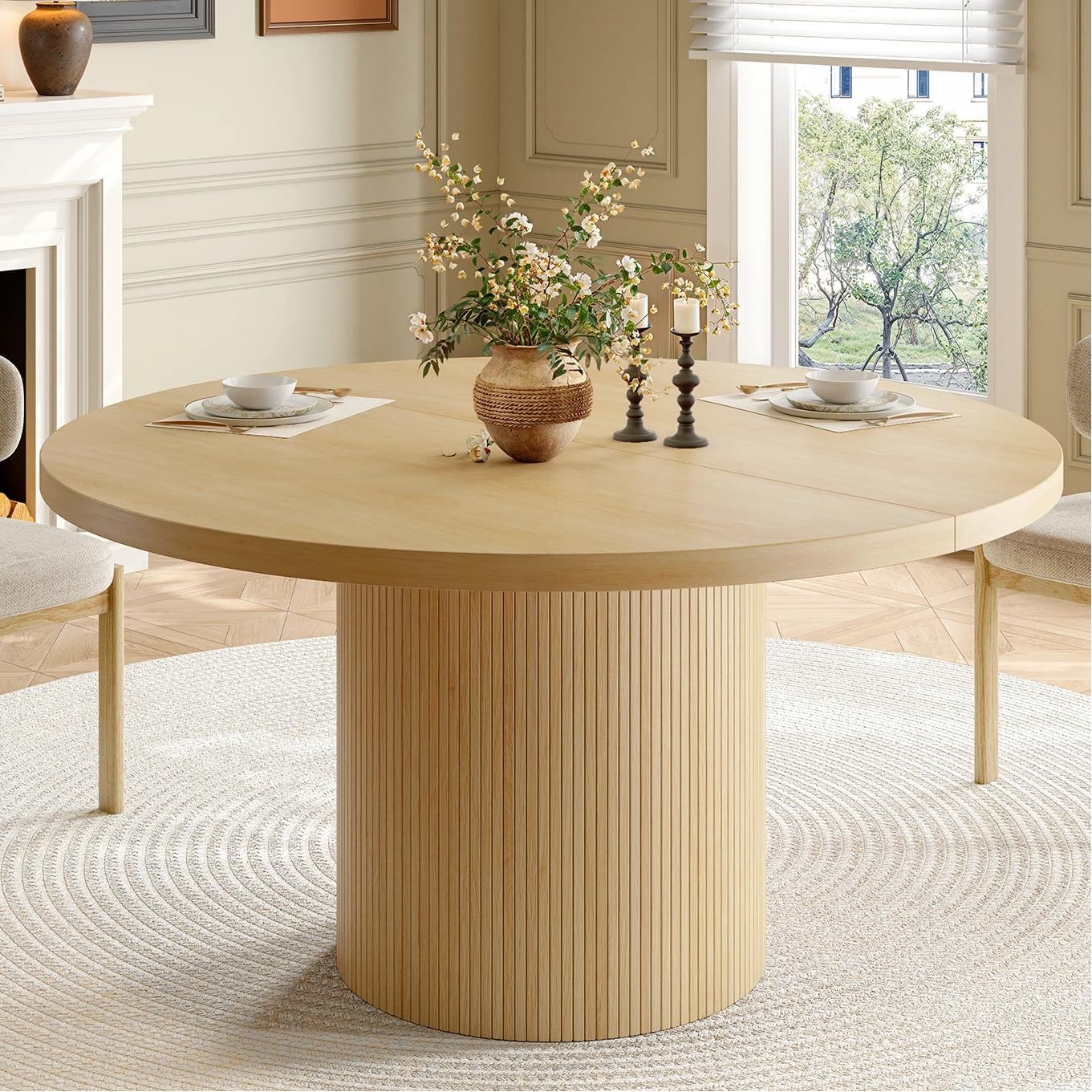 47 inch Round Dining Table for 4, Circle Kitchen Table with Wood Strip Base, Modern Farmhouse Dinner Tables for Kitchen, Living Room (Oak)