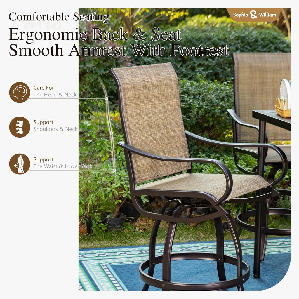 Sophia and William Patio Bar Stools Counter Height, Set of 2, Swivel Bar Chairs, Supports 300 lbs (Brown Fabric)