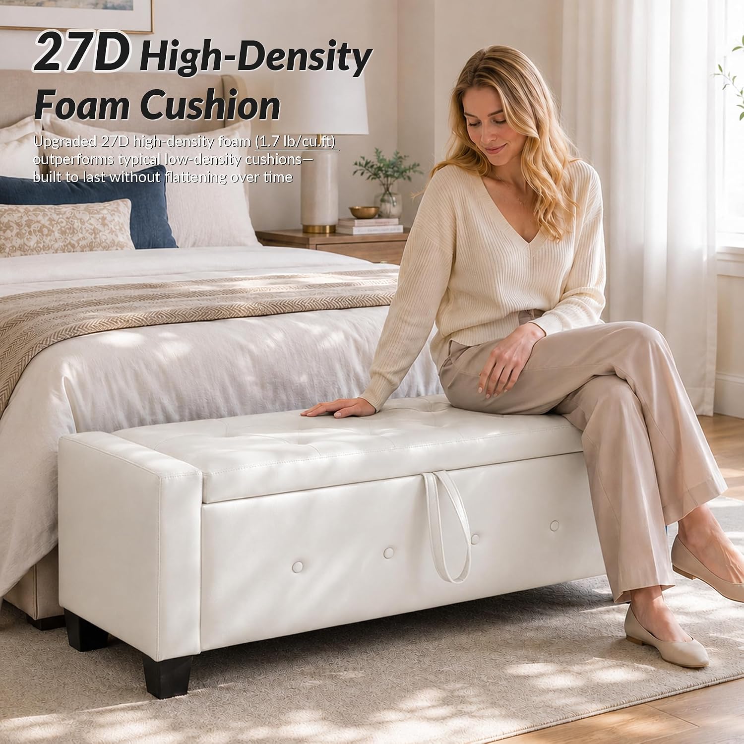 extrasleep 48" White Storage Ottoman Bench, Faux Leather Upholstered Tufted Ottoman, PU Bench for Bedroom Living Room Entryway Hallway, Large Leather End of Bed Benches, Lvory White