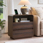 Standifurno Modern Walnut Nightstand, 25" Tall Wooden Bedside Table with Charging Station, 2 Storage Drawers Side Table Curved Profile, Handleless, Large End Table Night Stand for Bedroom, Office