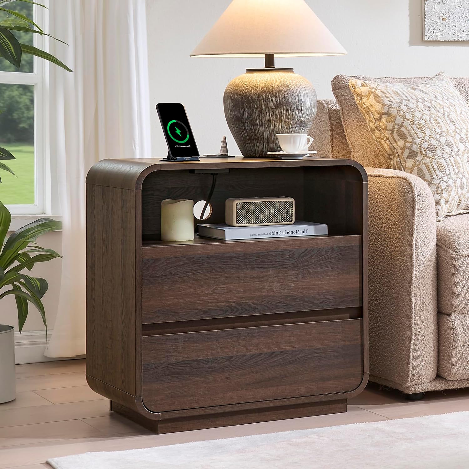 Standifurno Modern Walnut Nightstand, 25" Tall Wooden Bedside Table with Charging Station, 2 Storage Drawers Side Table Curved Profile, Handleless, Large End Table Night Stand for Bedroom, Office