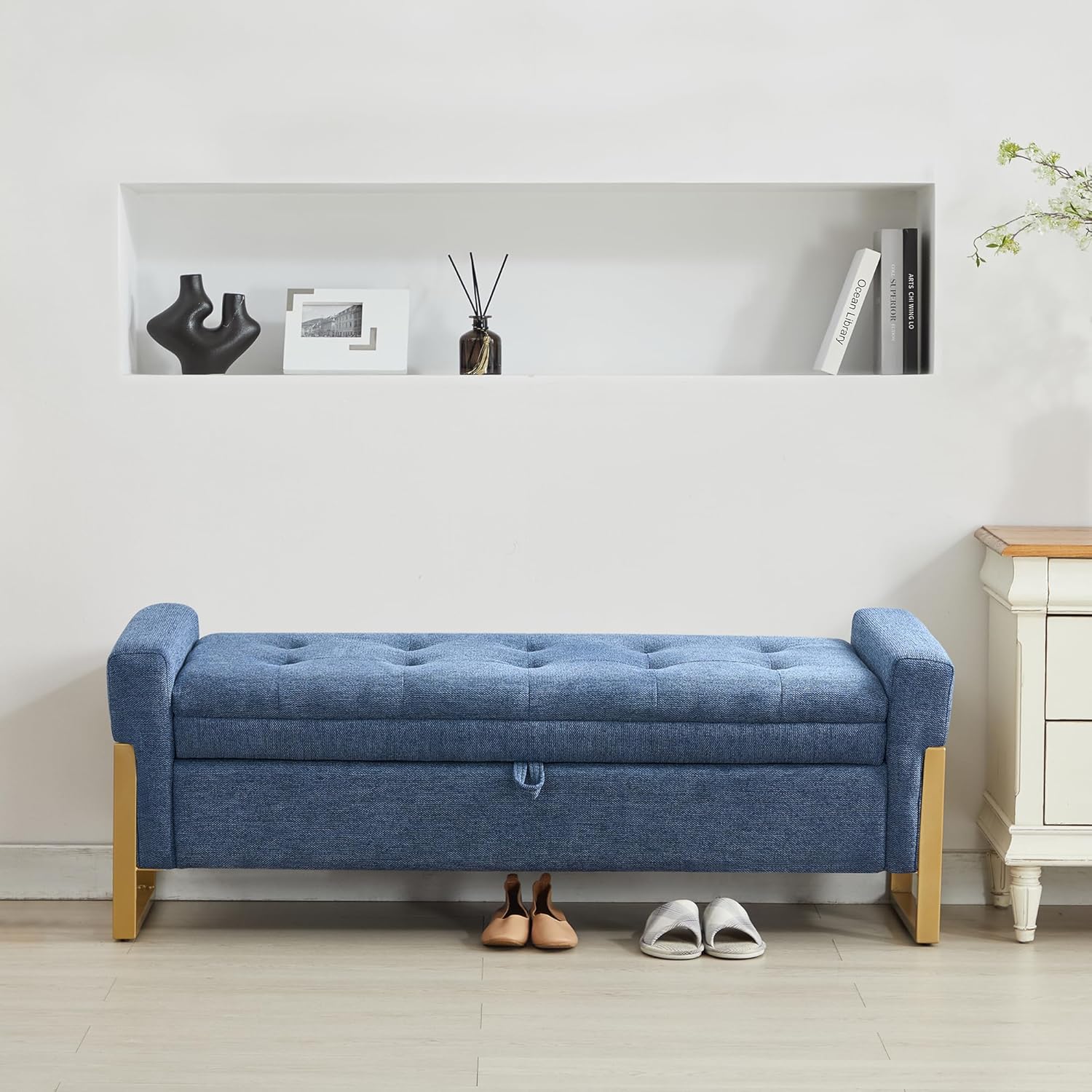 adochr 57" Storage Bench, Linen Upholstered Ottoman with Storage, Large End of Bed Bench with Metal Legs & Button-Tufted,500 lb Capacity, for Living Room, Bedroom, Entryway, Dark Blue