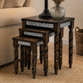 Hyfirm Nesting Tables Set of 3, Walnut Mid Century Modern Accent Tables with Spiral Rubber Wood Legs & Silver Honeycomb Apron, Retro Stackable Side Tables for Living Room, Bedroom & Small Apartments