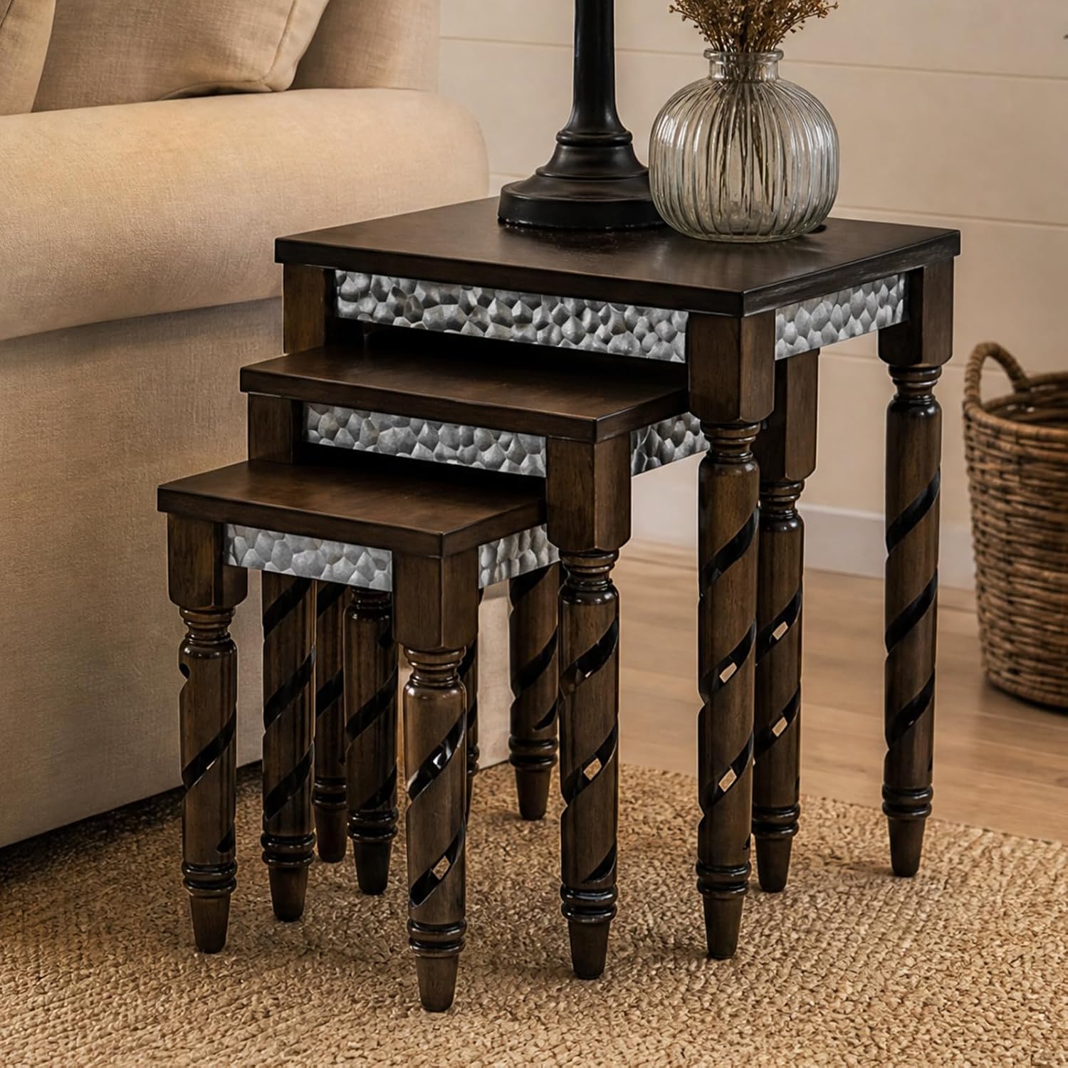 Hyfirm Nesting Tables Set of 3, Walnut Mid Century Modern Accent Tables with Spiral Rubber Wood Legs & Silver Honeycomb Apron, Retro Stackable Side Tables for Living Room, Bedroom & Small Apartments