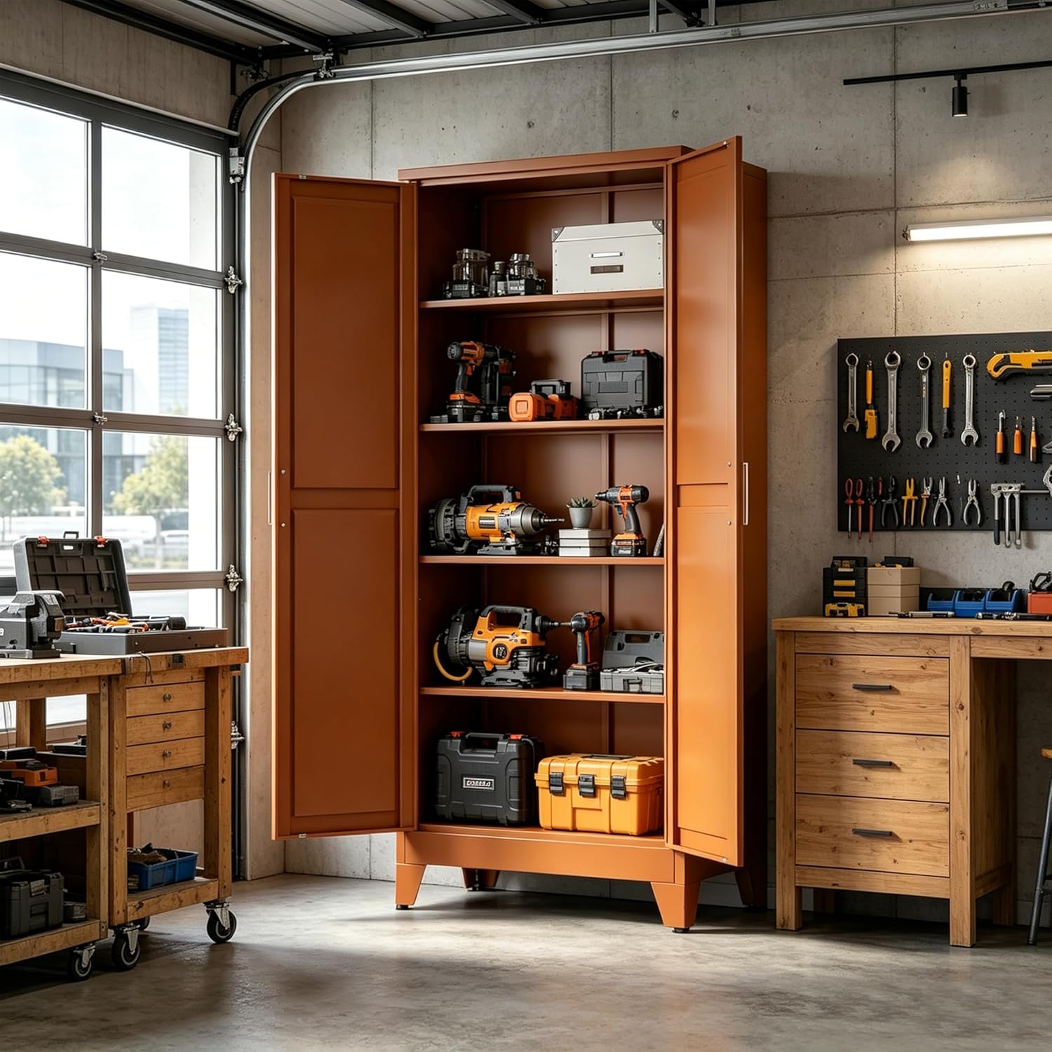 Bevivog Tall Rust Brown Storage Cabinet, 71" Metal Pantry Cabinet with 2 Doors and 4 Adjustable Shelves, Industrial Farmhouse Metal Pantry Cabinet for Kitchen Garage
