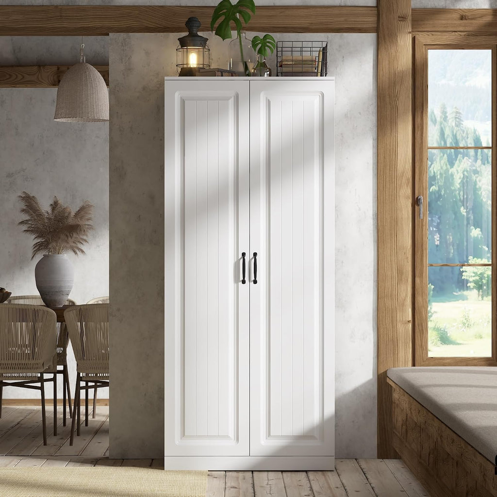 FUFU&GAGA Kitchen Pantry Cabinet Food Pantry with Door Racks & Rotating Racks, Drawers, Tall Kitchen Storage Cabinet with Shelves, Cupboard Bar Storage, White, 31.5”W x 19.7”D x 72.2”H
