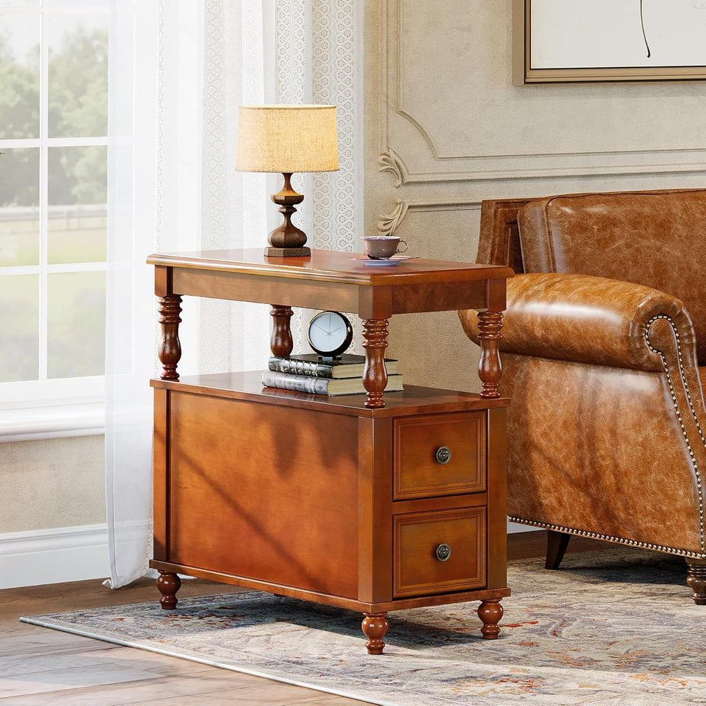 Tribesigns Cherry Finish Wood End Table with 2 Drawers, Mid-Century Wooden Slim Side Table Nightstands with Storage Shelf, Accent Table for Living Room, Easy to Assemble (Walnut)