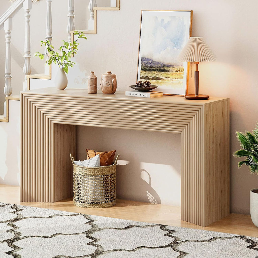 55-Inch Wood Entryway Table with Storage, Narrow Long Sofa Table Behind Couch, Fluted Console Table for Entryway, Hallway, Living Room, Accent Table for Decoration and Organization, Natural Wood