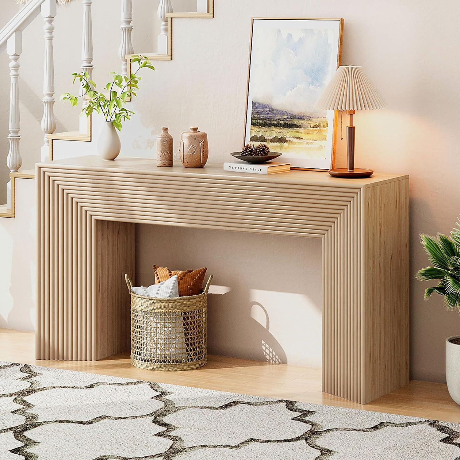 55-Inch Wood Entryway Table with Storage, Narrow Long Sofa Table Behind Couch, Fluted Console Table for Entryway, Hallway, Living Room, Accent Table for Decoration and Organization, Natural Wood