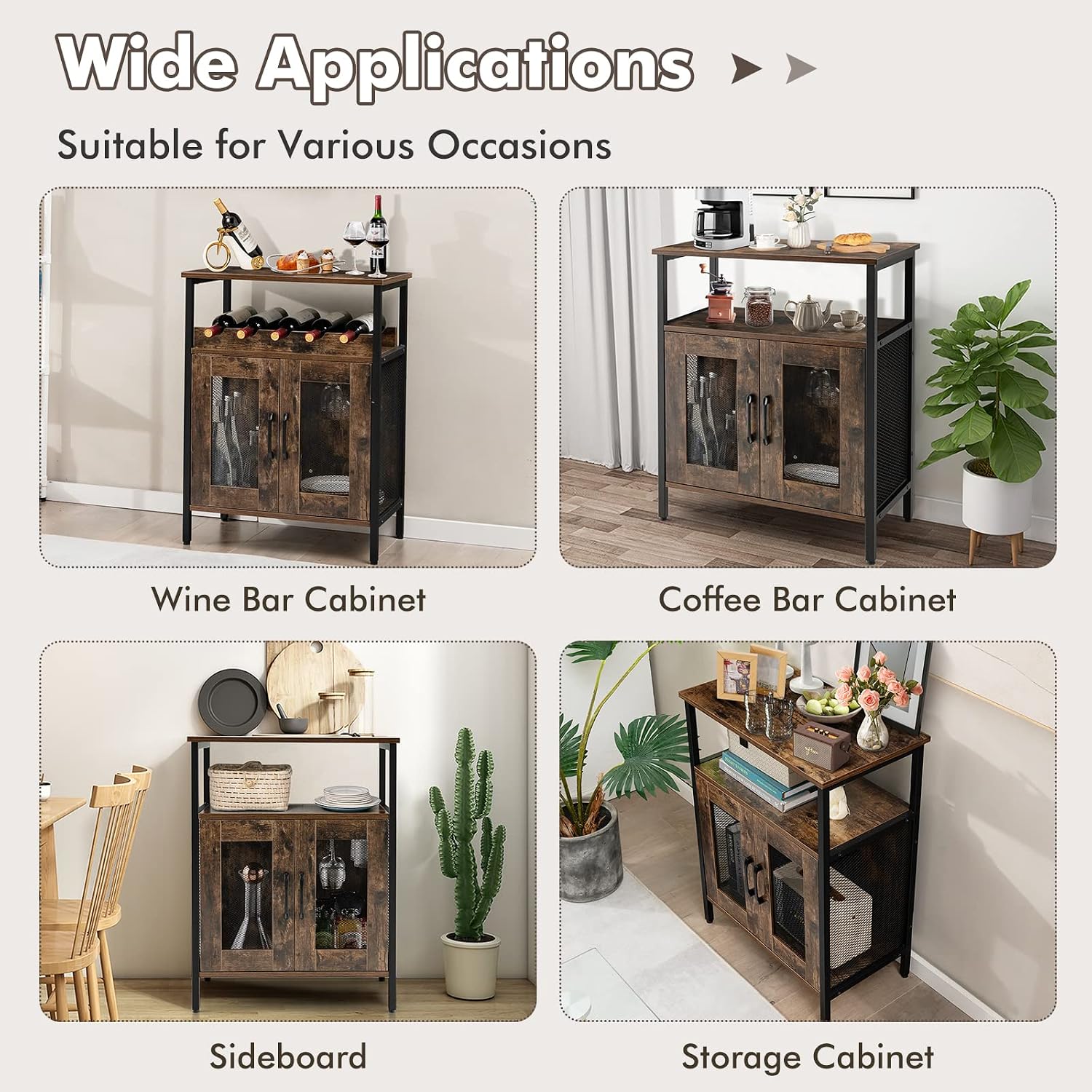 TANGZON Wine Bar Cabinet, Drinks Storage Sideboard with Glass Holder and Removable Bottle Shelf, Freestanding Organizer Cupboard Unit for Home Kitchen