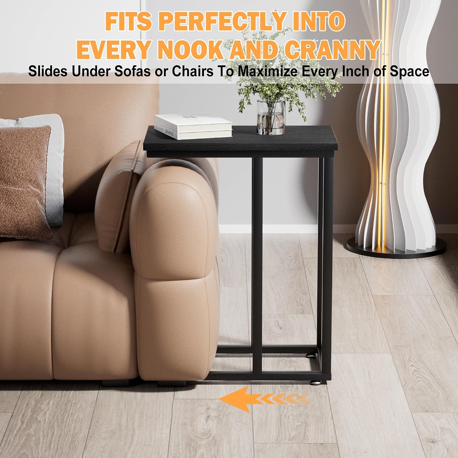 VECELO Universal C-Shaped Side Table, Multi-Functional Snack & TV Tray for Living Room, Bedroom, Black (2 Set)
