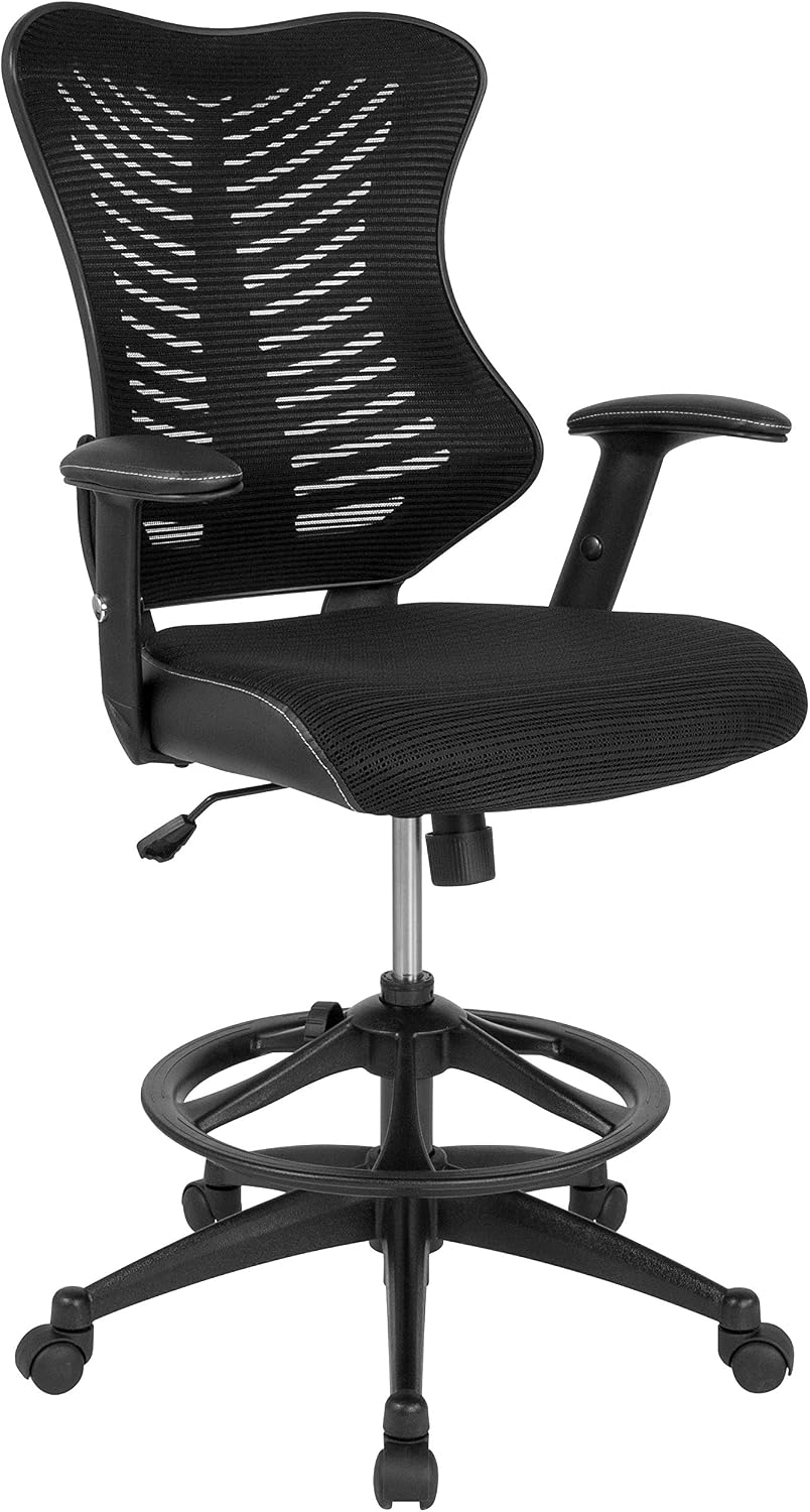 Flash Furniture Waylon High Back Designer Black Mesh Drafting Chair with LeatherSoft Sides and Adjustable Arms