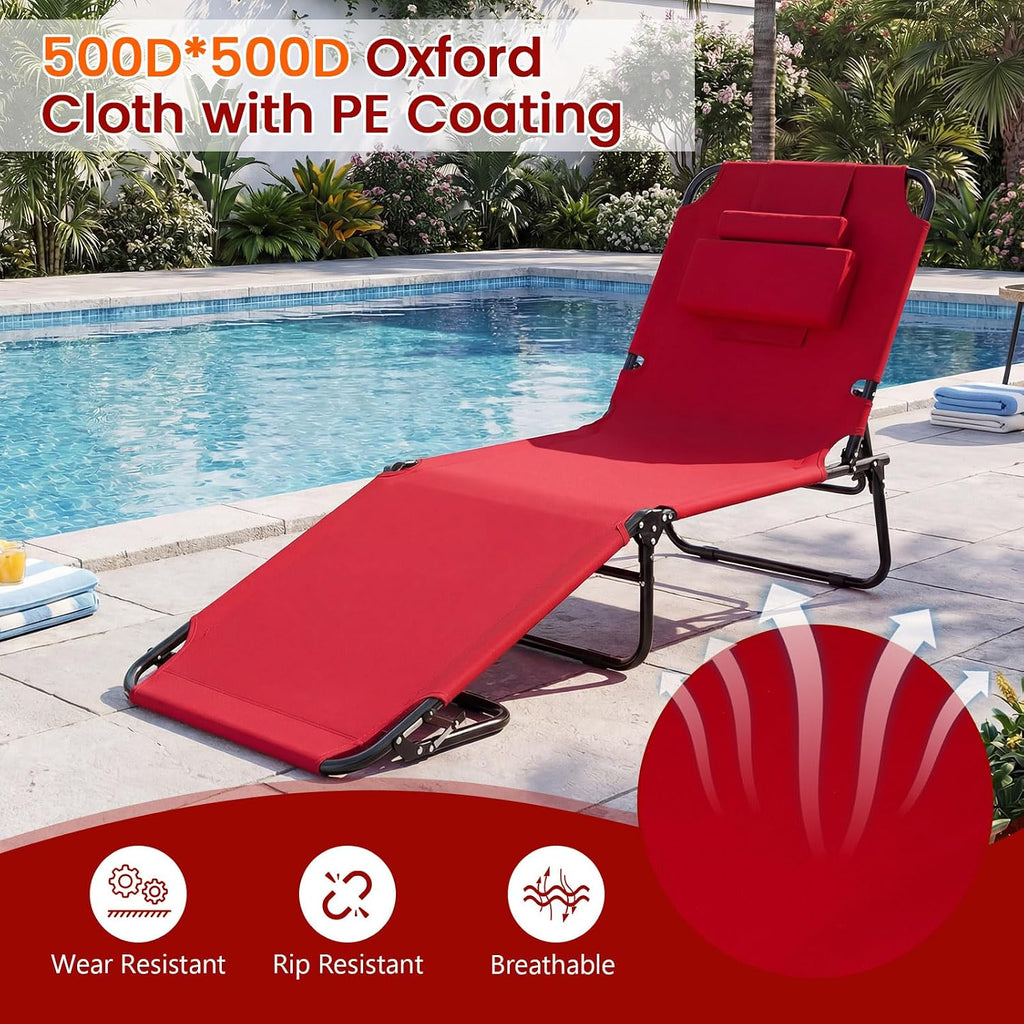DREAMADE Tanning Chair, Adjustable Beach Lounge Chair w/Face Hole, Pillows, 4-Position Backrest & Footrest, Supports 330 lbs, Outdoor Lounge Chairs for Patio Lawn Camping, Red